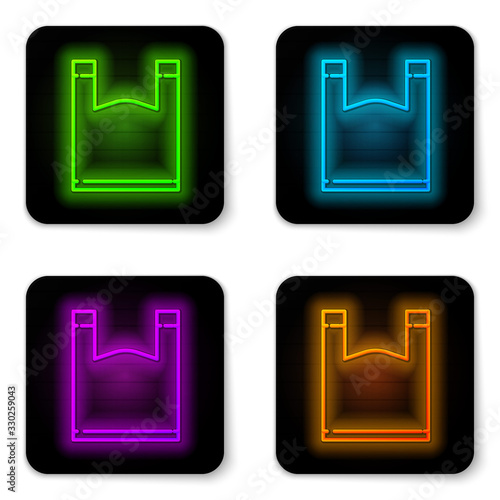 Glowing neon line Plastic bag icon isolated on white background. Disposable cellophane and polythene package prohibition sign. Black square button. Vector Illustration