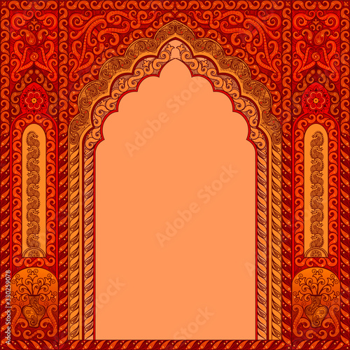 Arch with Oriental patterns. The colors are fiery red. The Central block of text.