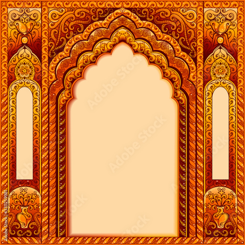 Arch with Oriental patterns. Colors orange and gold. The Central block of text.