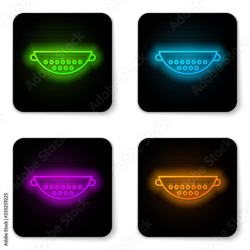 Glowing neon line Kitchen colander icon isolated on white background. Cooking utensil. Cutlery sign. Black square button. Vector Illustration