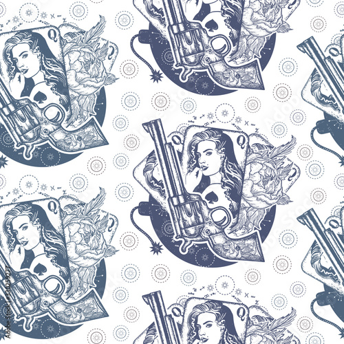 Revolver, playing cards, beautiful girl and bomb. Seamless pattern. Packing old paper, scrapbooking style. Vintage background. Medieval manuscript, engraving art. Casino, criminal and mafia