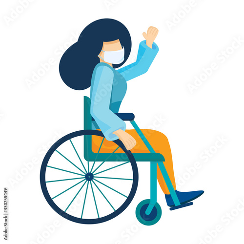 Young caucasian woman in medical mask sitting in a wheelchair. Girl with long hair living with disabilities. Coronovirus virus protection. Disabled character. Vector illustration