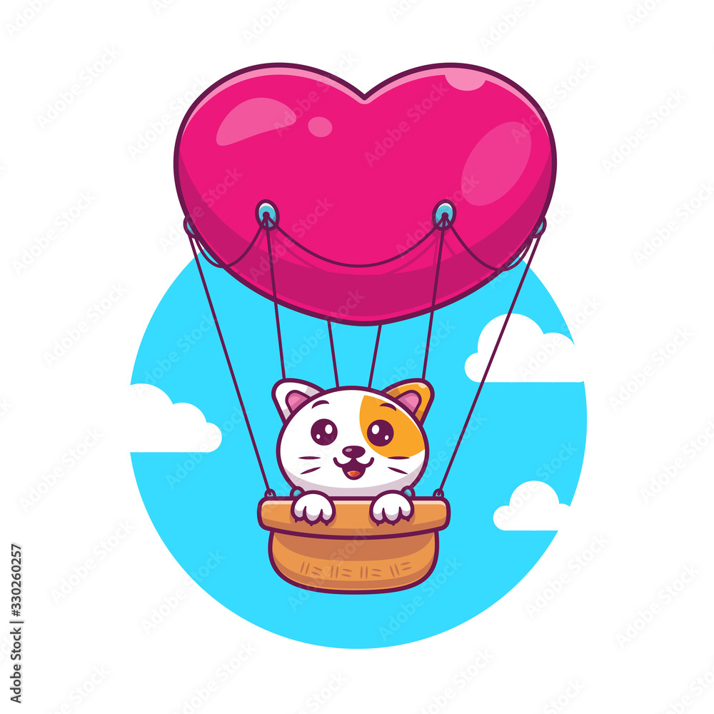 Cat With Love Hot Air Balloon Vector Icon Illustration. Cat and Air  Balloon, Animal Icon Concept White Isolated. Flat Cartoon Style Suitable  for Web Landing Page, Banner, Sticker, Background Stock Vector |