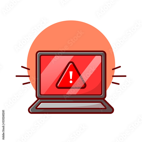 Laptop With Error And Warning Sign Vector Icon Illustration. Laptop Hacked, Technology Icon Concept White Isolated. Flat Cartoon Style Suitable for Web Landing Page, Banner, Sticker, Background