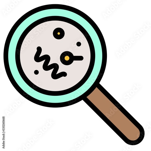 Magnify glass with bacteria vector illustration, filled style icon