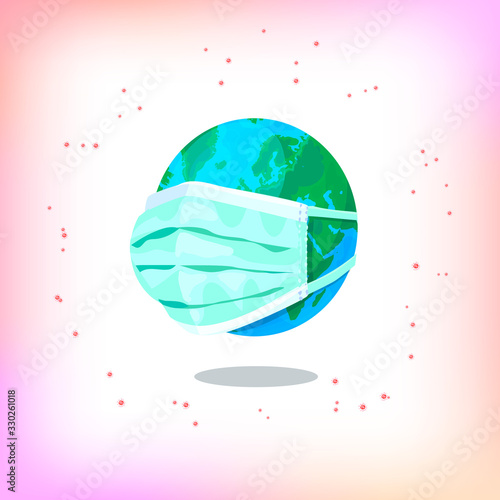 Planet earth in a medical mask from the flu. Stop the coronavirus.