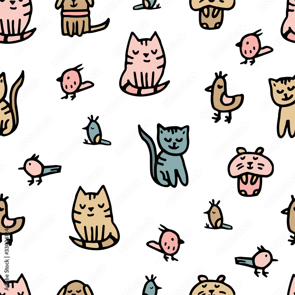Doodle with pets; cat, dog, hamster, parrot, bird. Vector seamless pattern 