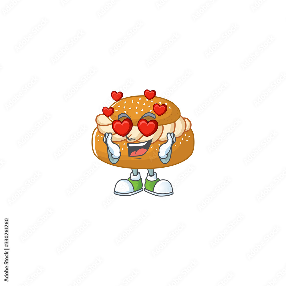 Romantic semla cartoon character with a falling in love face Romantic semla cartoon character with a falling in love face