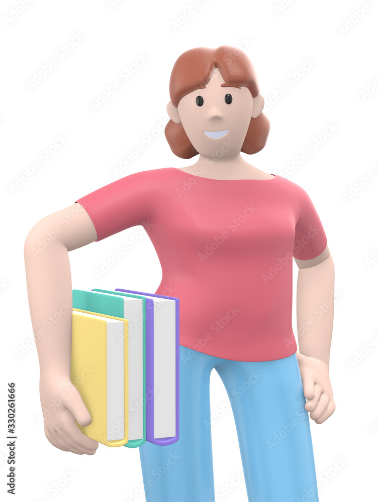 Character a young girl a fan of literature holds books in her hands. Funny, abstract cartoon people isolated on a white background. 3D rendering.