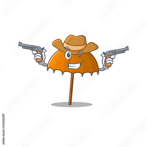 Funny orange umbrella as a cowboy cartoon character holding guns