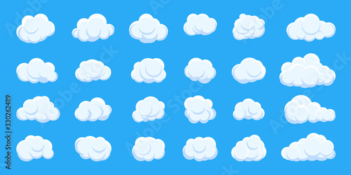 White cloud cartoon style set on blue sky background. Graphic weather symbol clouds icon for text, design web service. Template sticker of different shape fun air bubbles. Isolated vector illustration