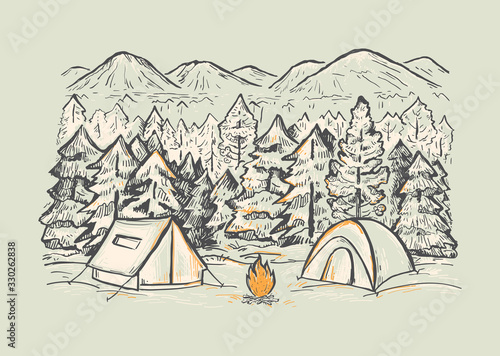 Sketch vector winter landscape with coniferous forest, tents, bonfire, mountains. Touristic camp with tents. Design for print, cover, poster, web design, banner