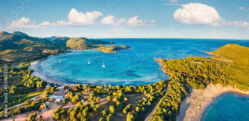 View from flying drone. Panoramic summer view of Rondinara beach. Magnificent  morning seascape of Mediterranean sea. Bright scene of Corsica island, France, Europe.