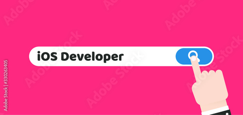 IOS developer. Search bar vector element design on violet background. Concept search better candidate for open position. We are hiring, hr. Job offer. Wanted employee, staff. Recruitment.