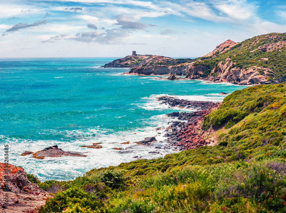 Impressive summer view of Torre Argentina tower. Stunning morning scene of Sardinia island, Italy, Europe. Marvelous seascape of Mediterranean sea. Beauty of nature concept background. Impressive summer view of Torre Argentina tower. Stunning morning scene of Sardinia island, Italy, Europe. Marvelous seascape of Mediterranean sea. Beauty of nature concept background.