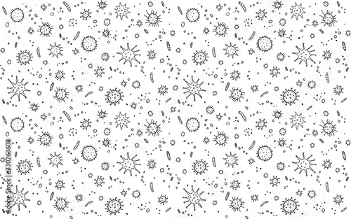 Virus, Coronavirus. Background, pattern, frame with outline Molecules and cells viral bacteria infection. Simple doodle black and white icons. Microbiology