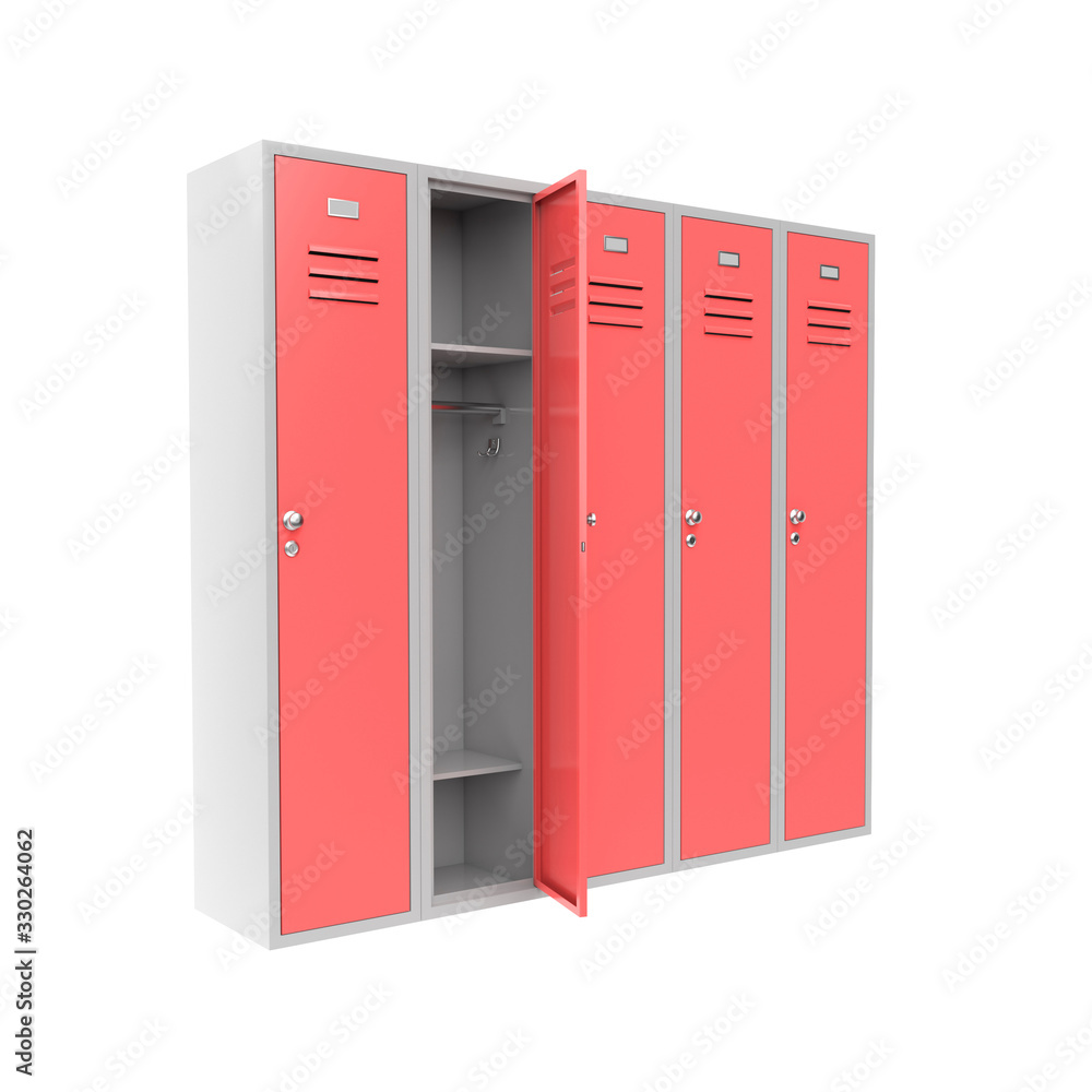 Row of red metal gym lockers with one open door Row of red metal gym lockers with one open door