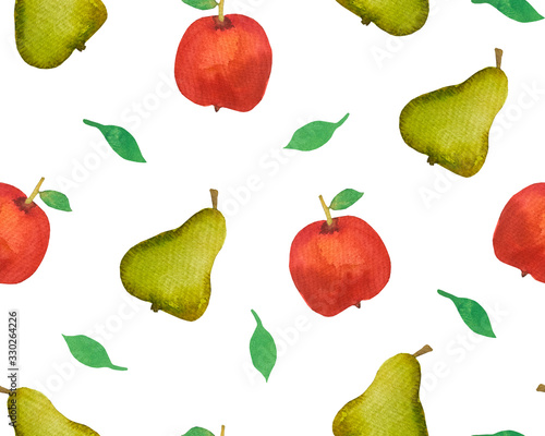 Watercolor hand drawn seamless pattern with red apple and green pear on white background . Fruit seamless pattern. 