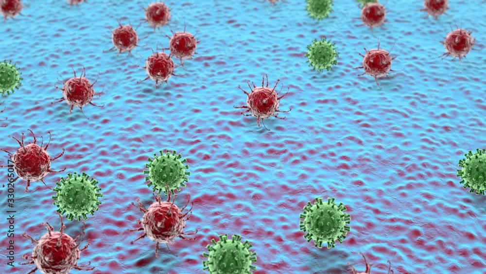 3D animation of multiple green and red viruses moving above the surface