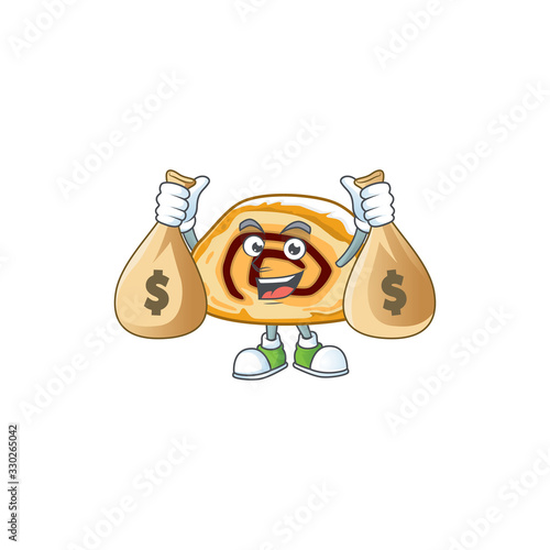 Happy rich swiss roll mascot design carries money bags