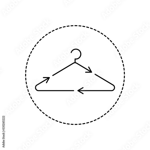 Hanger with recycling arrows in a circle. Recycle clothing concept. Linear round symbol, logo or badge for sustainable textile industry. Second hand shop logo or label. Vector, flat design, clip art.