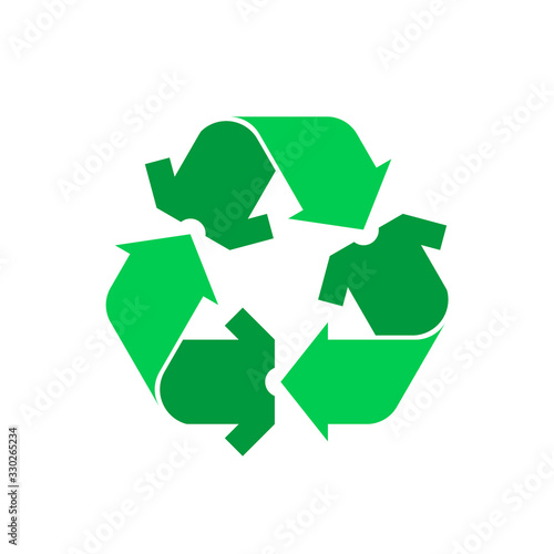 Recycling clothing sign. Green recycle symbol with T-shirt and arrows. Sustainable lifestyle and eco friendly manufacturing. Reduce, reuse, recycle concept. Vector illustration, flat style, clip art. 