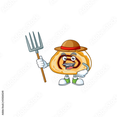 Swiss roll in Farmer mascot design with hat and pitchfork