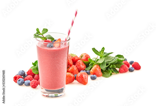 Strawberry  raspberry fruit smoothie. Berry detox diet sweet concept. Mixed red berries smoothie background. Cocktail strawberry  raspberry  blueberry  smoothies isolated on white