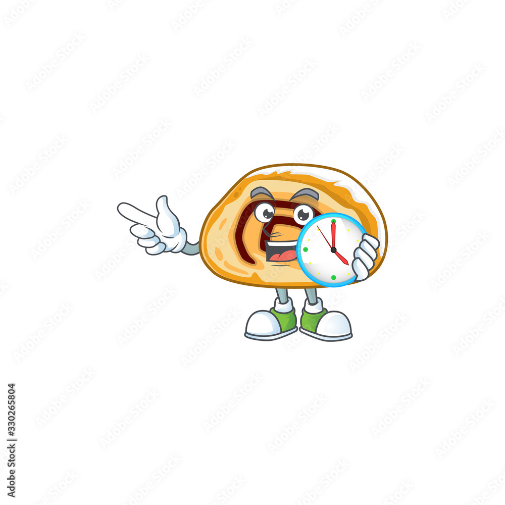 Obraz premium cartoon character style of cheerful swiss roll with clock