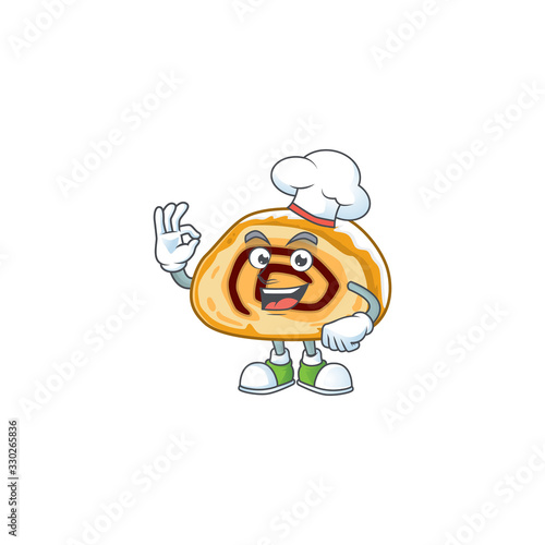 A picture of swiss roll cartoon character wearing white chef hat