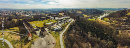 Leibniz, Styria, Austria - Saggau palace castle and hotel. Aerial view from far above travel spot