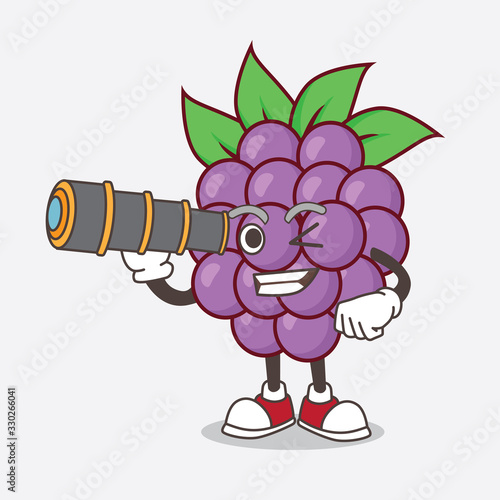Boysenberries Fruit cartoon mascot character using a monocular