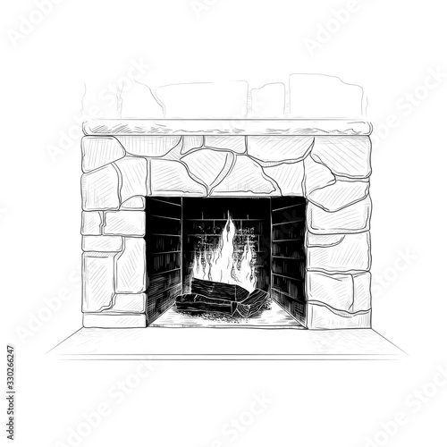 .Sketch of the kindled fireplace.Vector vintage  illustration. Hand drawn isolated object on white background.