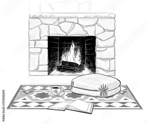  Open book, cup of coffee , seat pad on a rug with a geometric pattern against the backdrop of a kindled fireplace. Vector vintage  illustration. 