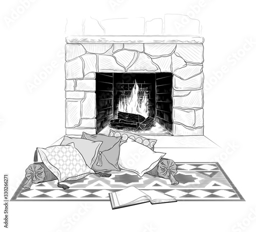  Open book and group of different pillows with tassels  on a rug with a geometric pattern against the backdrop of a kindled fireplace. Vector vintage  illustration. 