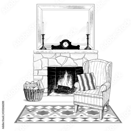 .Sketch of the living room. Cozy interior with easy chair, carpet and fireplace with firewood , mirror, candlesticks and mantel clocks. Vector illustration in vintage style.