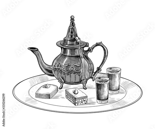 ..Silver teapot with tassel, glasses with tea and baklava on a dish.  Sketch of tea-party  with oriental sweets .Vector illustration in vintage style . Hand drawn isolated object   .