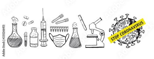 Laboratory research vector hand drawn icons set. Coronavirus.