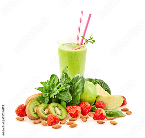 Spinach, apple, strawberry, mint fruit green smoothie. Detox fresh healthy eating diet concept. Green apple fruit berry vegan smoothie isolated on white. Freshness fruity greens smoothie