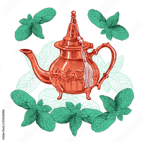 .Traditional Oriental copper teapot with tassel and mint leaves. Vector illustration in vintage style .. Hand drawn isolated object on white background.