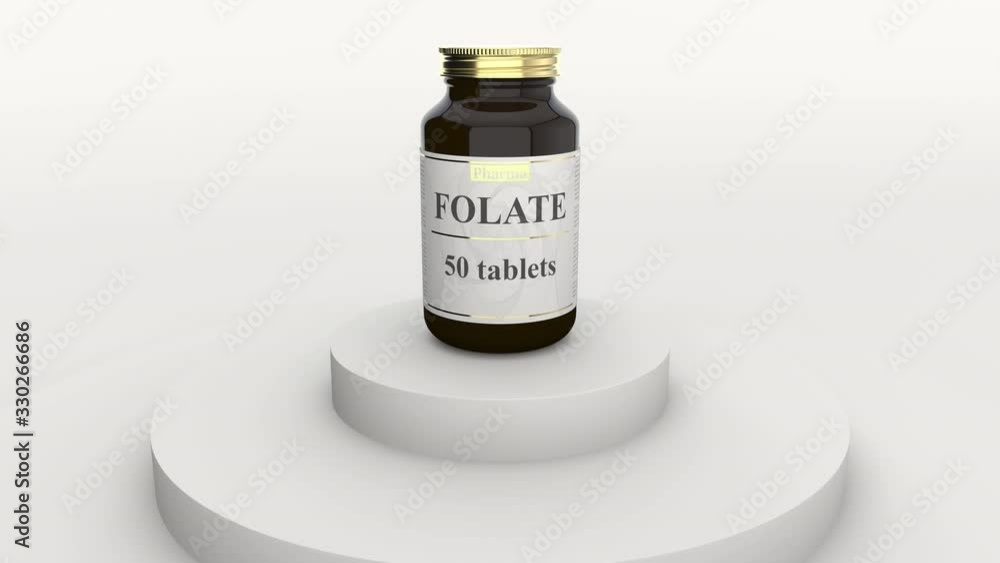 Glass bottle with generic folate tablets and fictional logo. Healthy ...