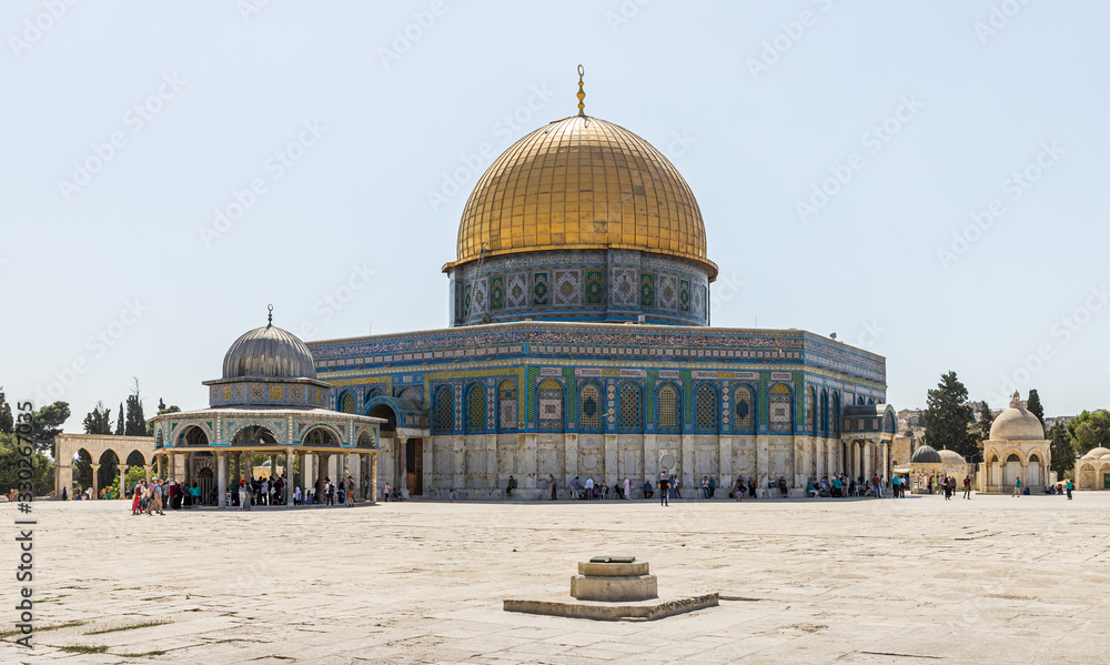 The Dom of the Chain and the Dome of the Rock building on the territory of the interior of the Temple Mount in the Old City in Jerusalem, Israel
