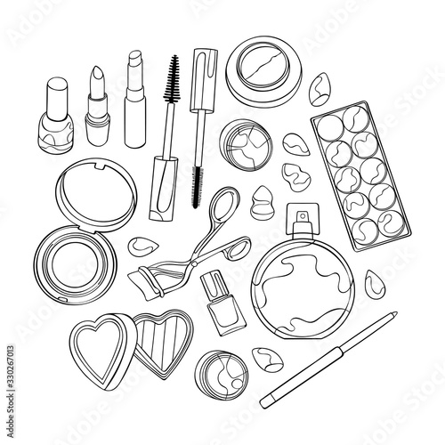 Cosmetics, makeup products. Mascara, eye shadow, powder, lipstick. Mirror and perfume. Set. Isolated vector objects on white background. Black and white drawing.