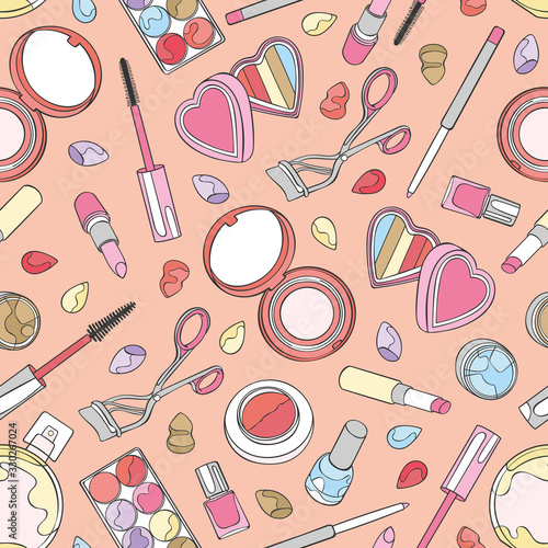Cosmetics, makeup products. Mascara, eye shadow, powder, lipstick. Mirror and perfume. Seamless vector pattern (background).