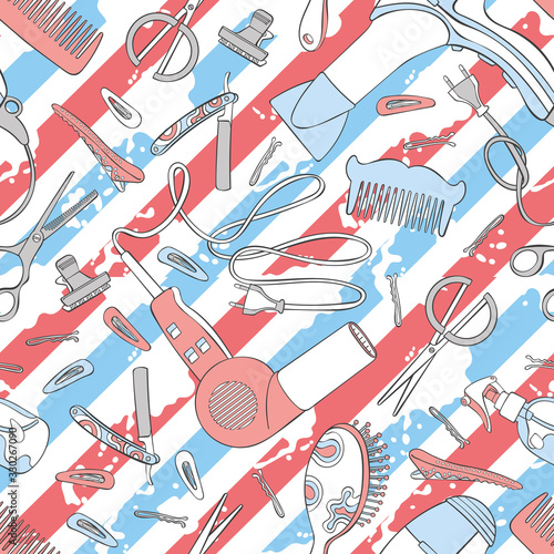 Hairdressing set: hair dryer, comb, straight razor, scissors, hair clips. Seamless vector pattern (background).