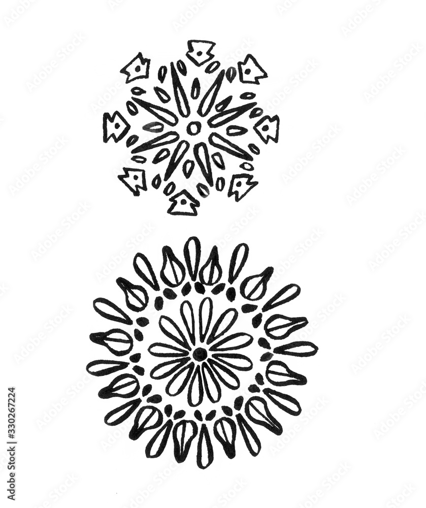 Black ink winter snowflake on geometric background Black ink winter snowflake on geometric background