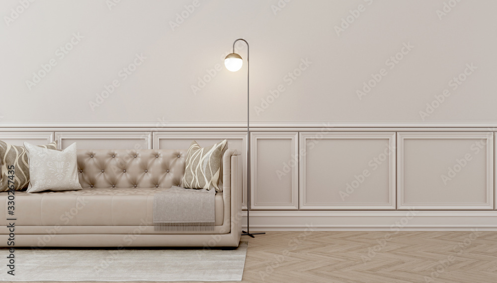 Modern classic interior.Sofa, pillows with  floor lamps.White wall and wooden floor with carpet. 3d rendering - obrazy, fototapety, plakaty 