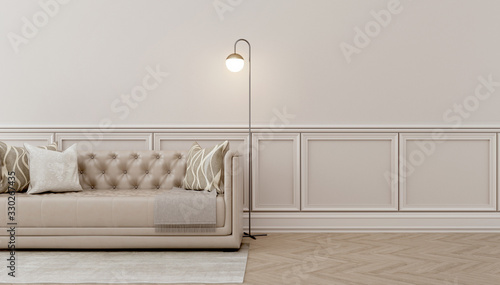 Modern classic interior.Sofa, pillows with  floor lamps.White wall and wooden floor with carpet. 3d rendering photo