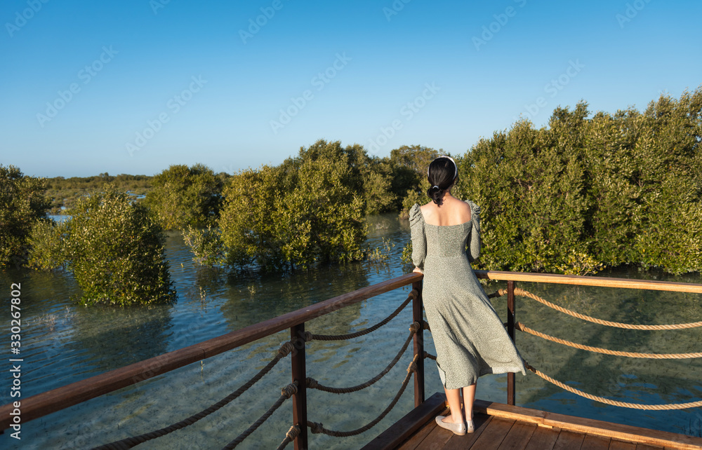 Naklejka premium Female tourist visiting Mangrove walk seaside park in Abu Dhabi, UAE