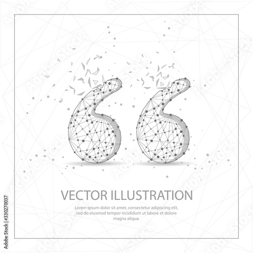 Quotation mark digitally drawn low poly wire frame on white background.